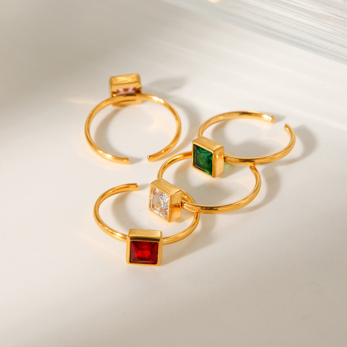 Minimalist Geometric Open Ring for Women in Titanium Steel with 18K Gold Plating and Square Zircon Inlay