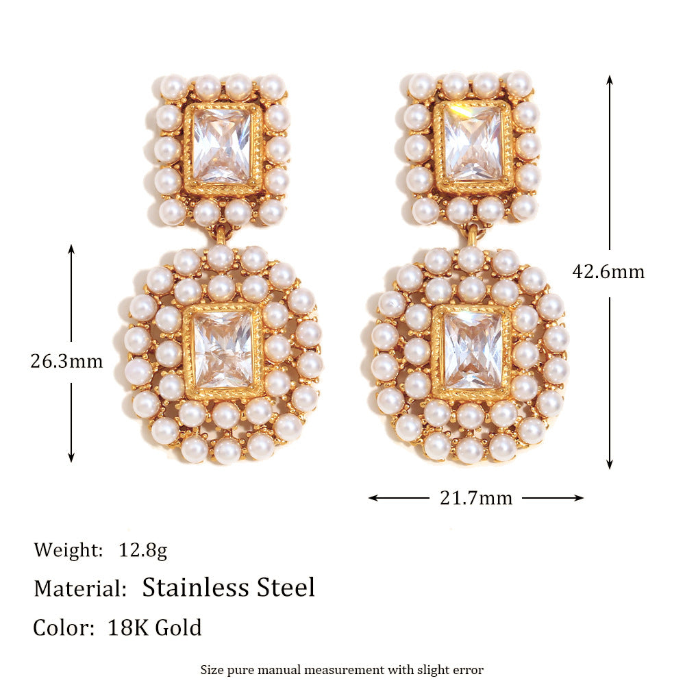 Fashionable Geometric Stainless Steel Earrings with 18K Gold Plating, Zircon and Pearl Accents for Women