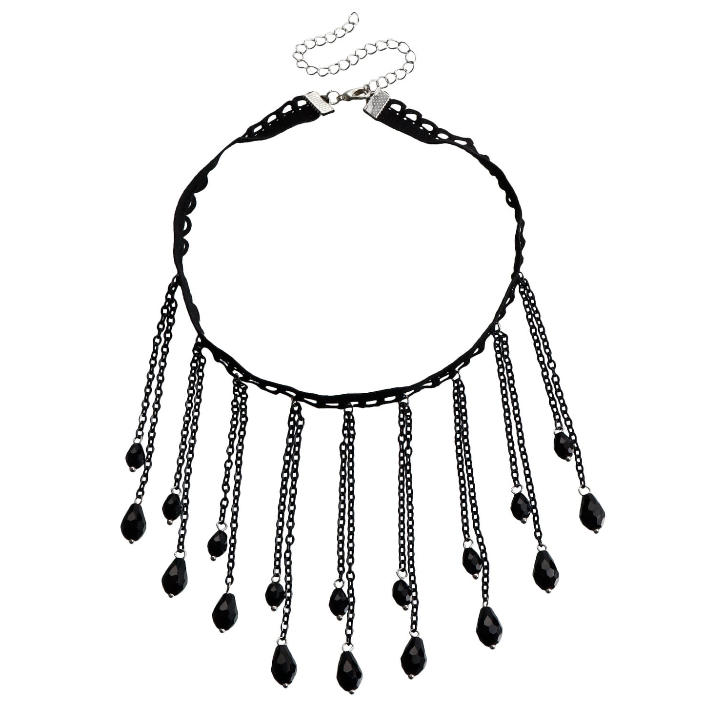 Gothic Style Teardrop Pendant Necklace with Black Crystal Accents, Geometric Design, Electroplated Metal, Women's Clavicle Chain