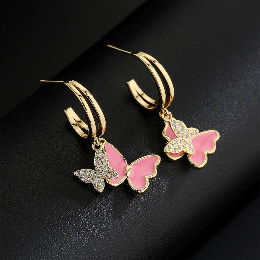 Minimalist Butterfly Earrings in Copper with 18K Gold Plating and Zircon Inlay