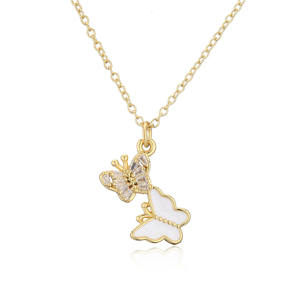 Gold Plated Brass Geometric Butterfly Pendant Necklace with Cubic Zirconia Inlay for Women
