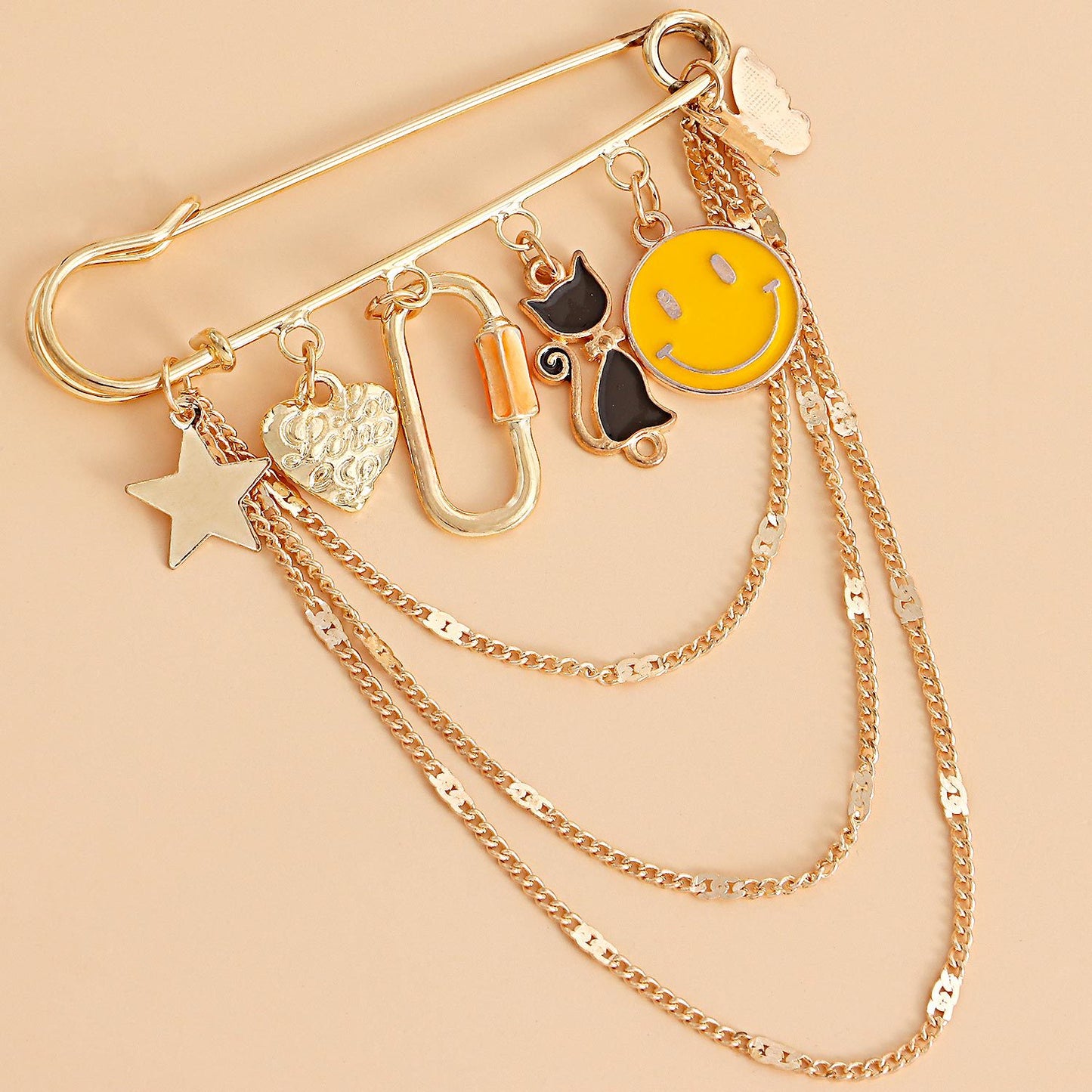 Punk Style Geometric Yellow Smiley Face Tassel Pendant Brooch for Women Made of Alloy with Plated Finish