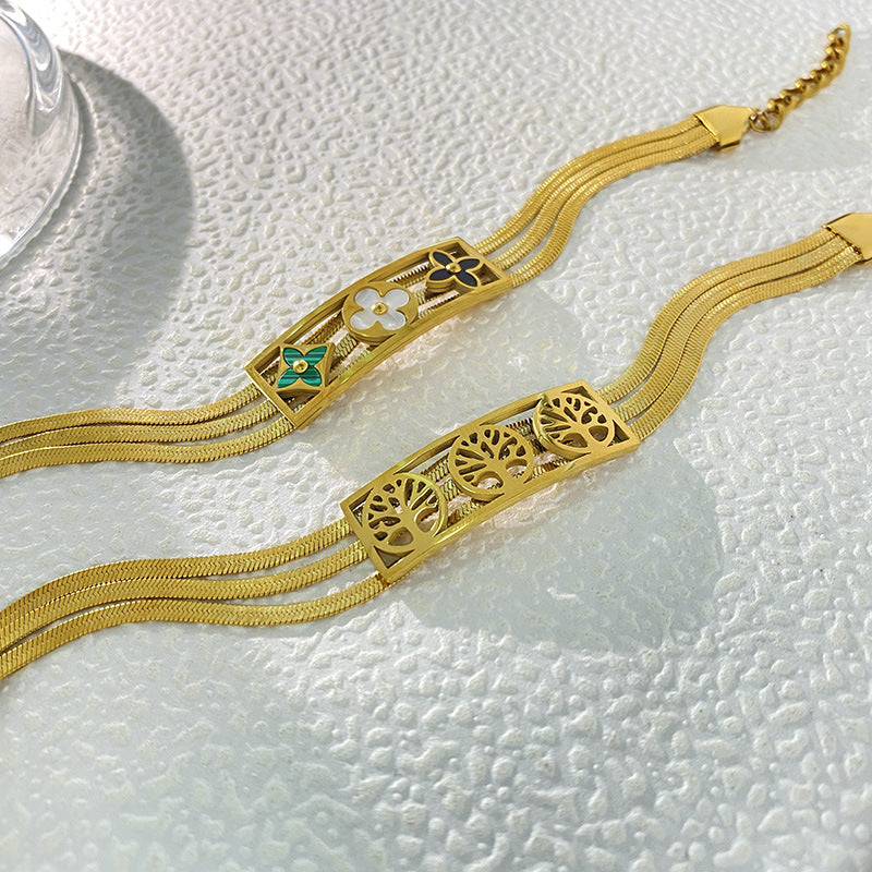 Gold Plated Titanium Steel Four-Leaf Clover Tree of Life Bracelet Floral Design Unisex