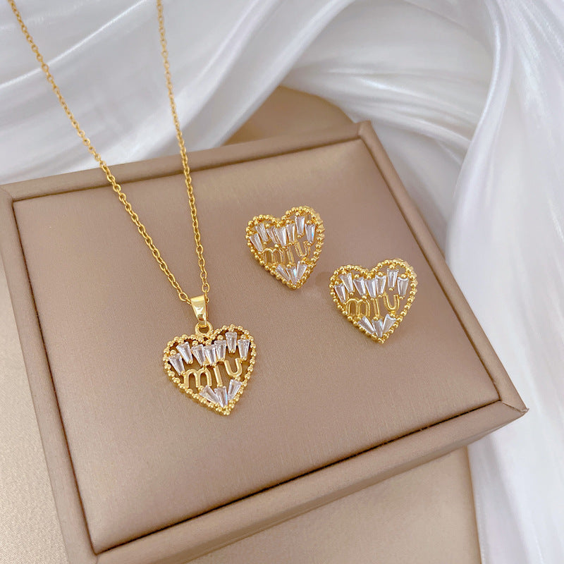 Luxury Fresh and Sweet Plated Brass Zircon Micro-Pave Earrings and Necklace Set