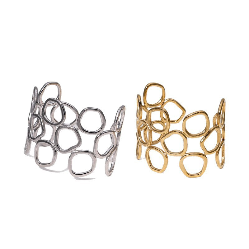 Minimalist Geometric Hollow Circle Wide Stainless Steel Bracelet for Women with Plating Finish