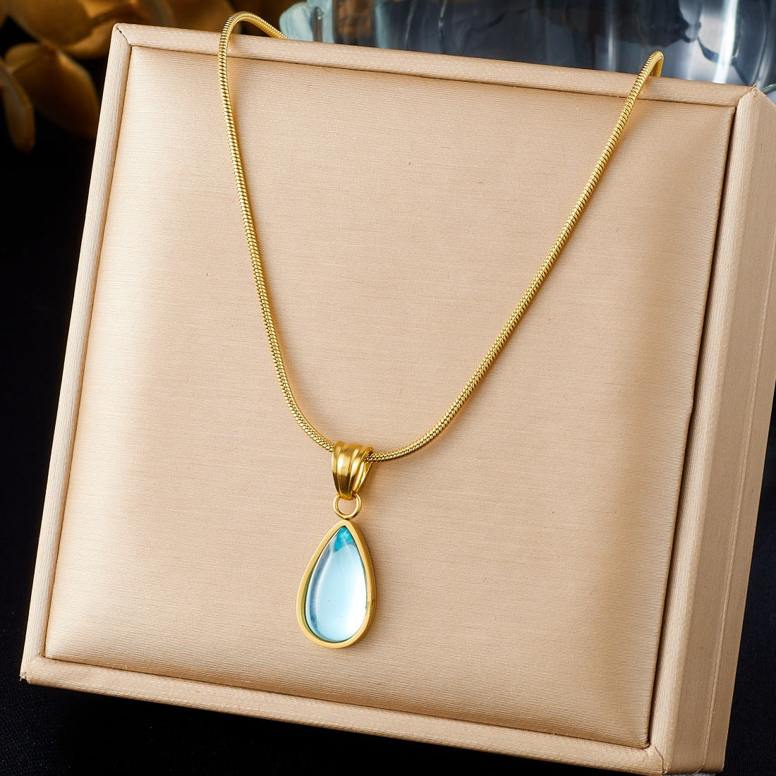 Blue Ocean Heart Teardrop Gold Plated Stainless Steel Necklace with Snake Chain for Women
