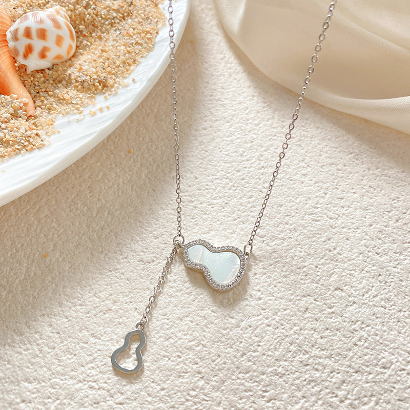 Unique Minimalist Titanium Steel Gourd Pendant Necklace with Shell Inlay and Tassel
