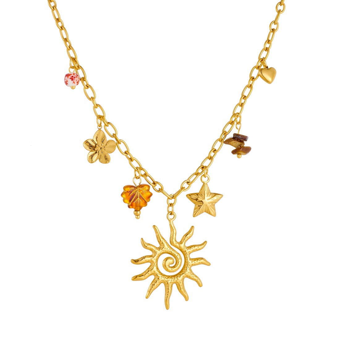 Vintage Gold Plated Stainless Steel Star Flower Leaf Pendant Necklace and Bracelet Set with Cable Chain