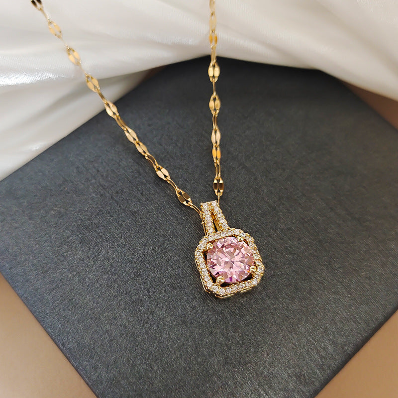 Minimalist Geometric Titanium Steel Necklace with Gold Plated Brass Pendant and Rhinestone Inlay