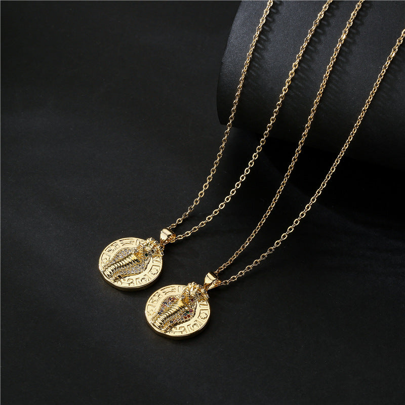 Vintage Punk Geometric Brass Micro-inlay Cobra King Pendant Necklace with Box Chain