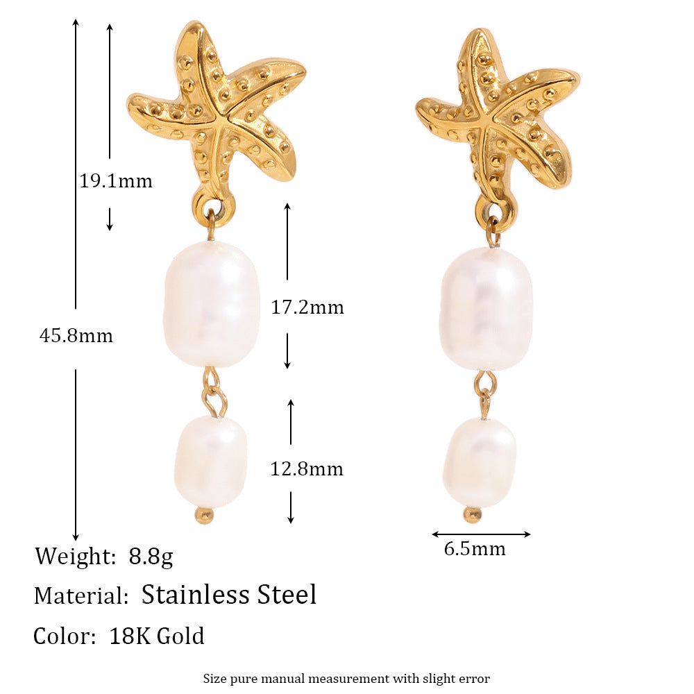 Orecchini pendenti da donna con perle e stelle marine, ispirati al vintage, in acciaio inossidabile con placcatura in oro 18 carati