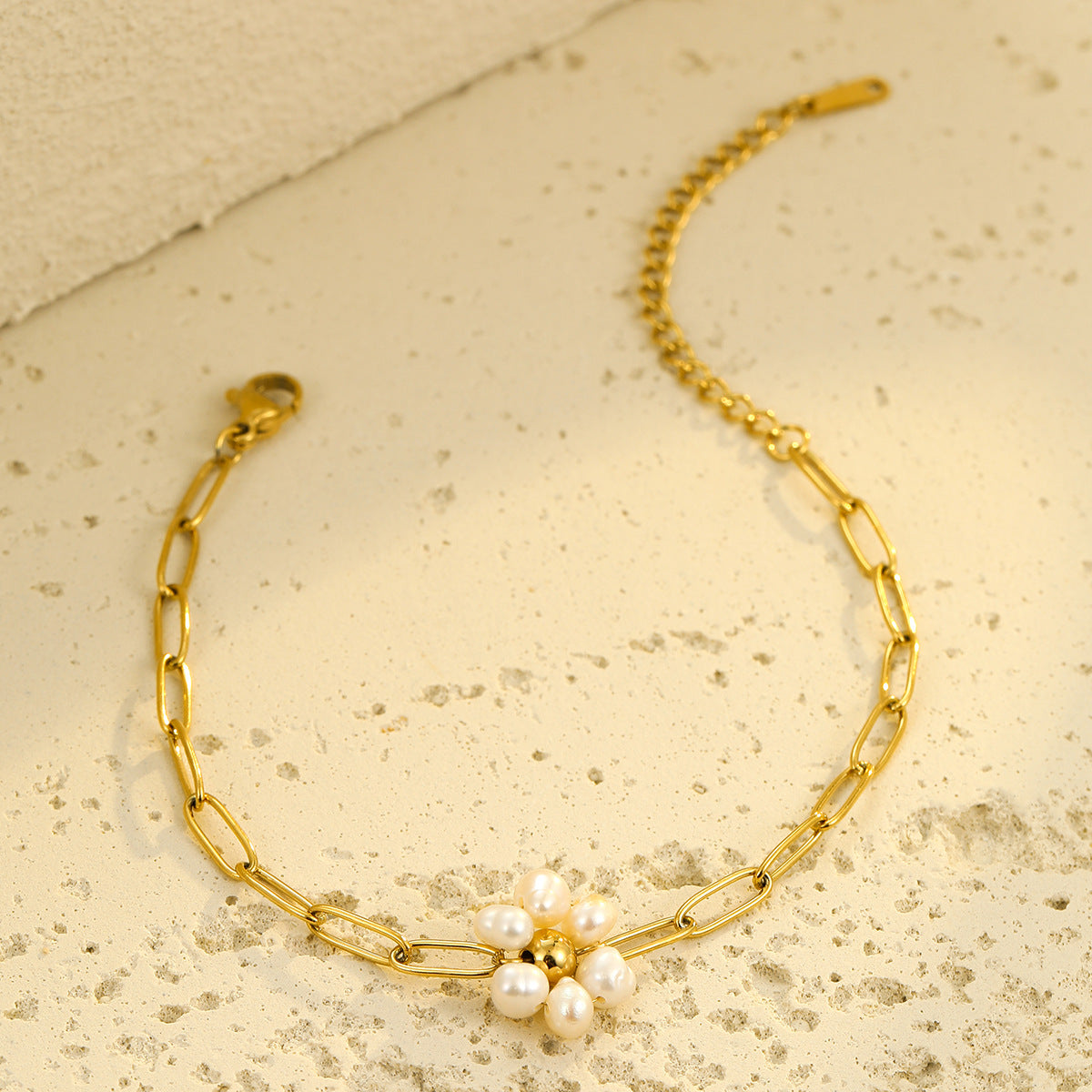 Vintage French Elegant Titanium Steel Bracelet with Pearl Accents Floral and Circular Motifs Geometric Pattern Plated Finish Women's Jewelry