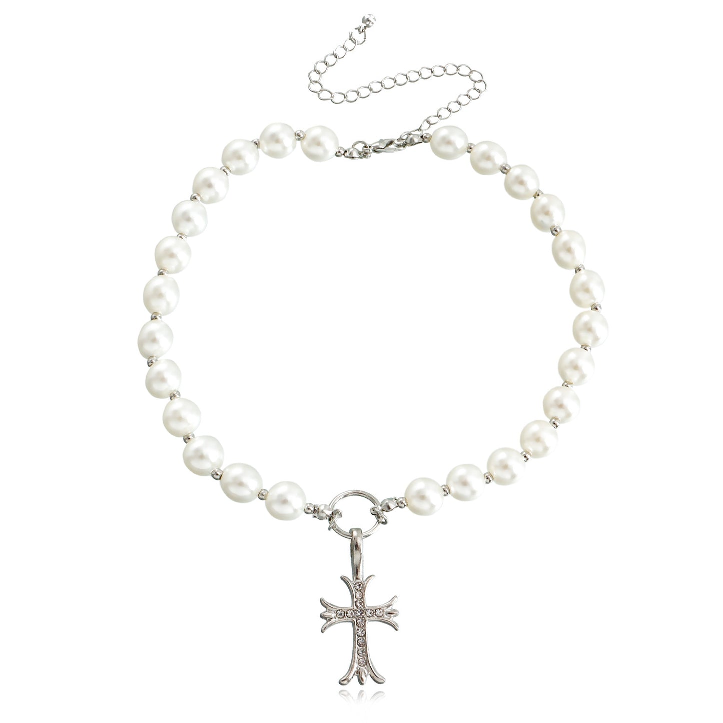 Geometric Cross Pendant Necklace with Rhinestone Inlay and Pearl Chain in Alloy, Plated Finish, Women's Clavicle Chain