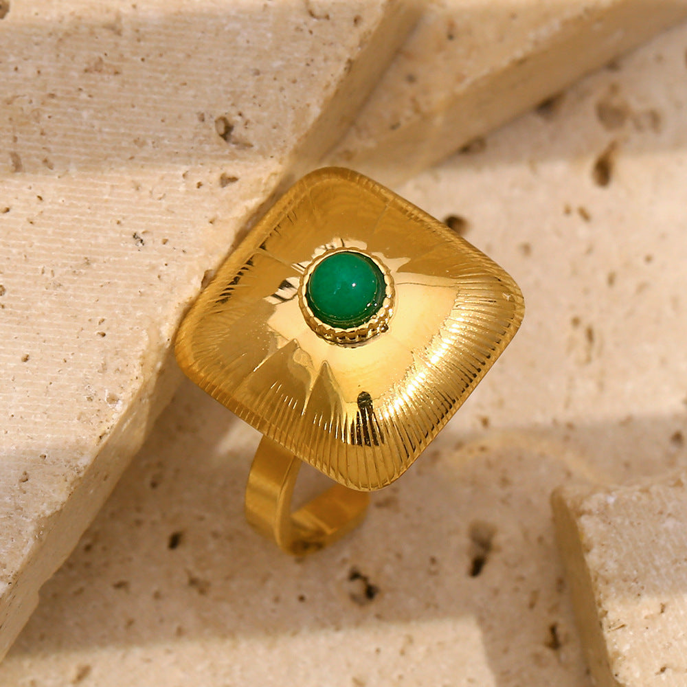 Vintage Geometric Stainless Steel Ring with 18K Gold Plating and Emerald Green Accent for Women