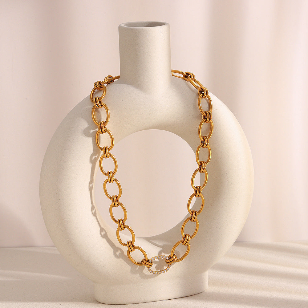 Collar de aros redondos chapados en oro de 18 quilates de acero inoxidable geométrico minimalista con circonita para mujer