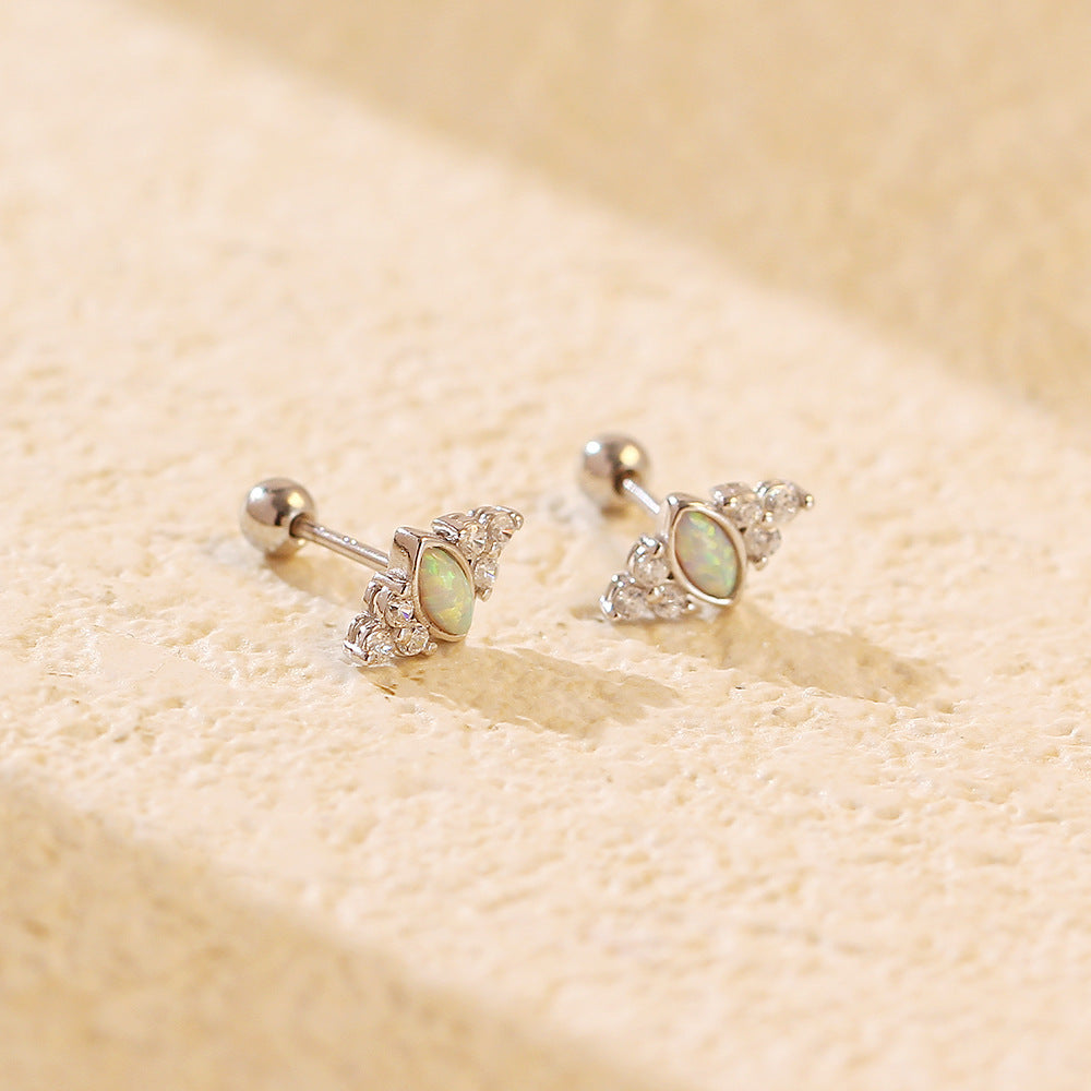 Elegant 925 Sterling Silver Geometric Round Opal Cubic Zirconia Plated Screw Back Ear Studs for Women