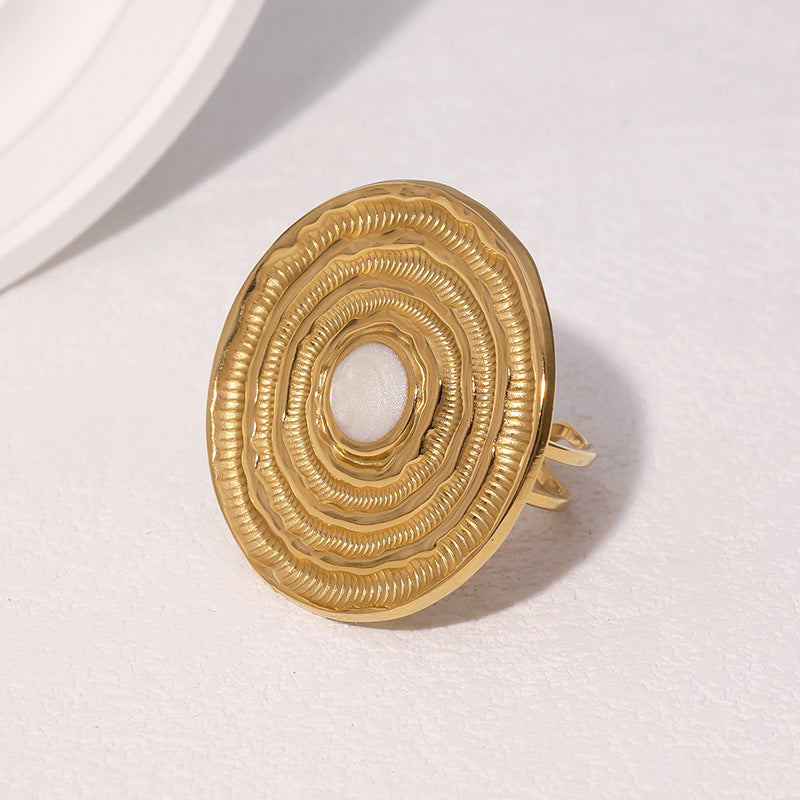 Anello aperto minimalista geometrico in acciaio inossidabile da donna con placcatura in oro 18K e design a disco testurizzato