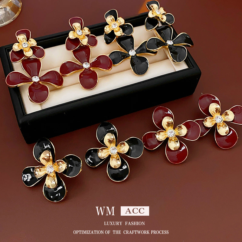 Vintage Floral Earrings with Enamel Finish and Rhinestone Inlay in Alloy with Stainless Steel Posts for Women