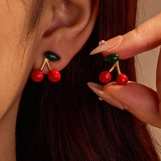 Elegantes pendientes de acero inoxidable con forma de cereza para mujer, con acabado chapado, modernos aretes listos para la oficina con motivos de frutas y hojas