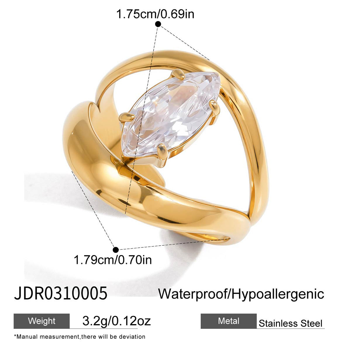 Anello Geometrico Minimalista in Acciaio Inox da Donna con Accenti in Zirconia, Placcato Oro PVD Sottovuoto, Ipoallergenico e Resistente allo Sbiadimento