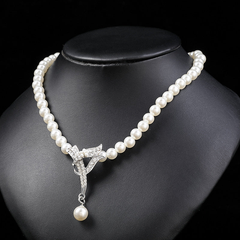 Fashion OL Style Floral Pearl Necklace and Earrings Set for Women Alloy Plated with Wheat and Leaf Motifs