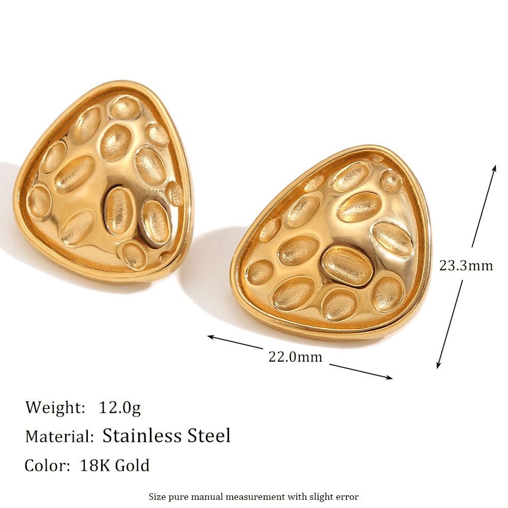 Fashionable Geometric Irregular Triangle Hammered Texture Stainless Steel Earrings with 18K Gold Plating for Women