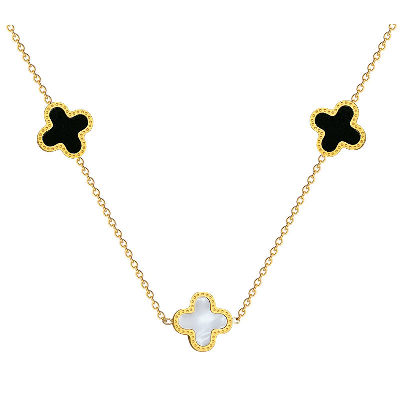Minimalist Lucky Clover Double-Sided Titanium Steel Necklace with Gold Plating for Women and Men, Geometric Design Fashion Accessory