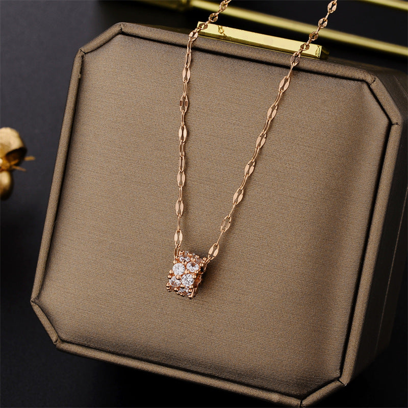 Minimalist Geometric Titanium Steel Pendant Necklace with Rhinestone Inlay and Plated Finish for Women