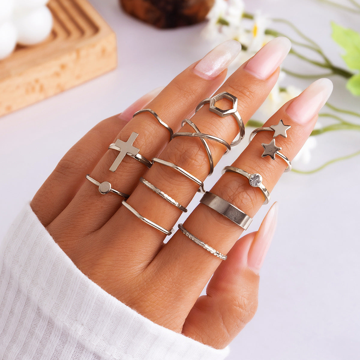 Sweet-Edgy Geometric Star Moon Cross Asymmetrical Ring Set with Paved Rhinestones in Alloy for Women