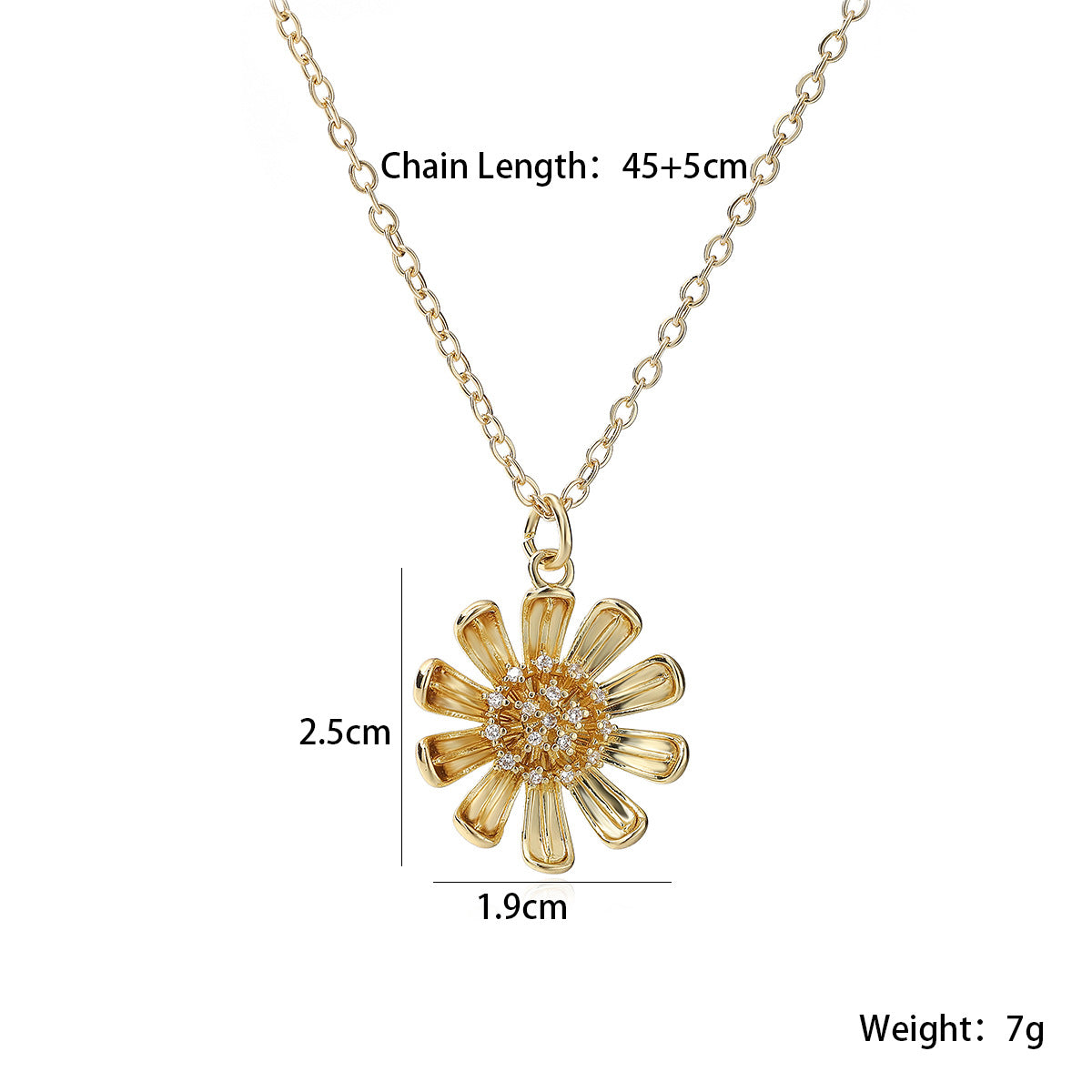 Minimalist 18K Gold Plated Brass Geometric Cubic Zirconia Sunflower Pendant Necklace for Women