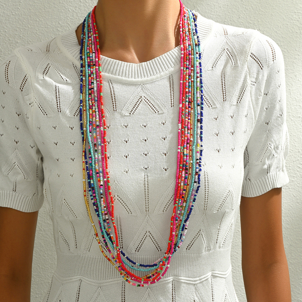 Geometric Minimalist Women's Long Necklace and Bracelet Set with Beaded Pendant and Micro-Pave Detailing