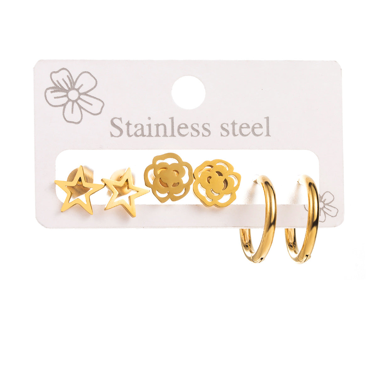 Orecchini a Cerchio da Donna in Acciaio Inossidabile Placcato Oro 18K, con Motivo Geometrico, Luna e Stella, Stile Dolce e Cool