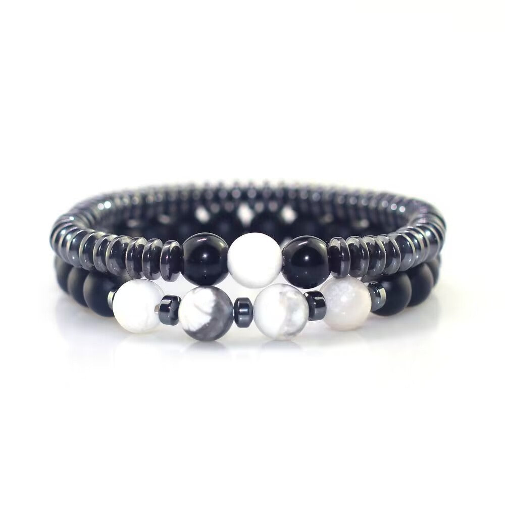 Minimalist Men's Black Stone Beaded Bracelet Handmade Natural Stone Strand
