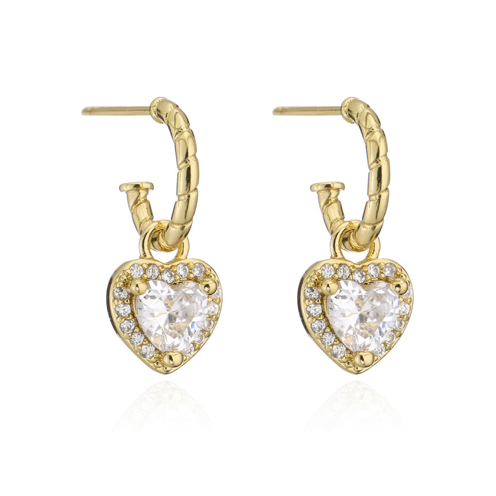 Geometric Heart-Shaped Copper Earrings with 18K Gold Plating and Four-Color Cubic Zirconia for Women