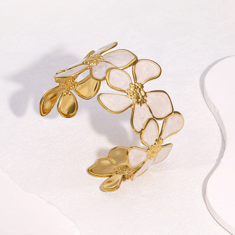 Minimalist 18K Gold Plated Stainless Steel Flower Open Cuff Bracelet Lightweight Fashion Jewelry
