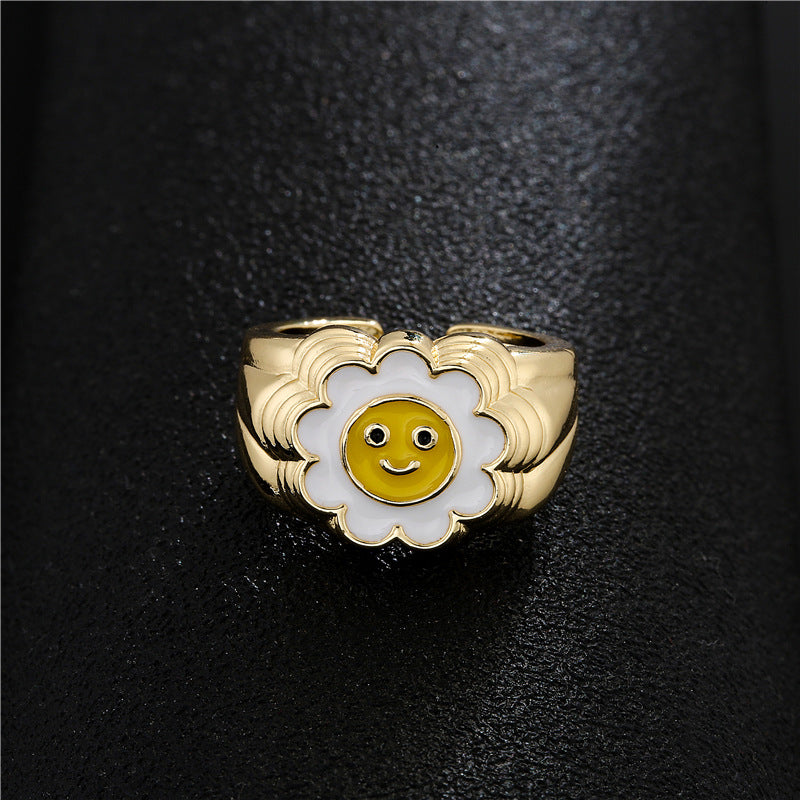 Cute Geometric Drip Oil Gold Plated Brass Sunflower Smile Open Ring for Women