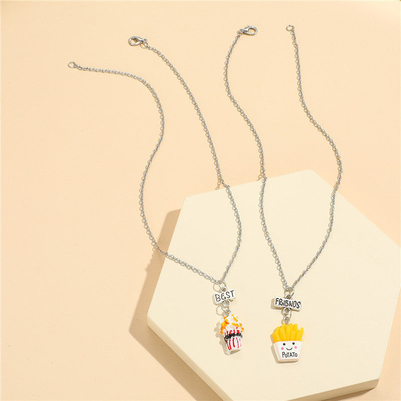 Collana pendente Popcorn e Patatine Fritte a cartone animato per bambini, ciondolo in resina su catena ondulata, gioielli artigianali divertenti per l'amicizia