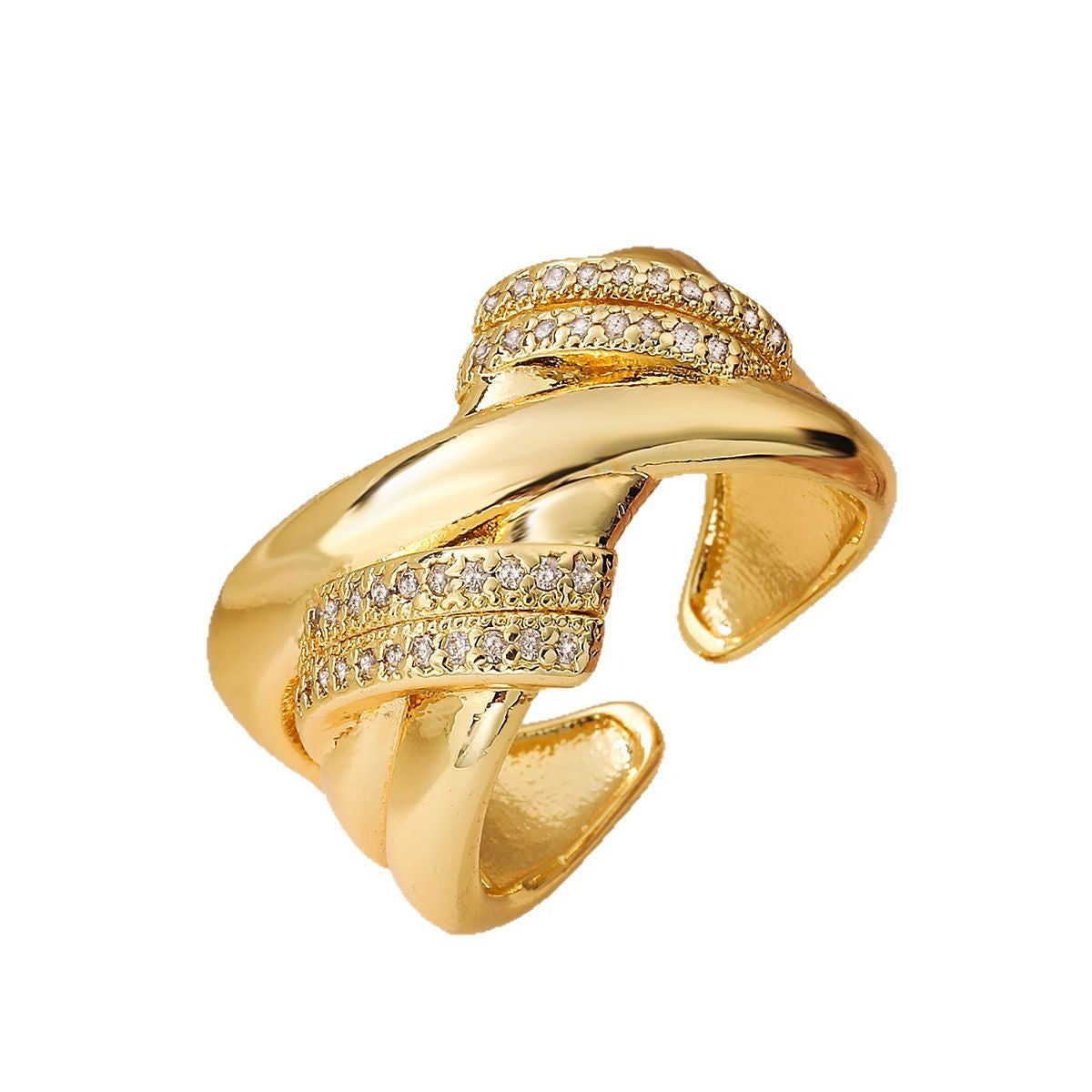 Anillo de Cobre Minimalista Geométrico Ajustable con Baño de Oro de 18K y Incrustaciones de Circonia para Mujer