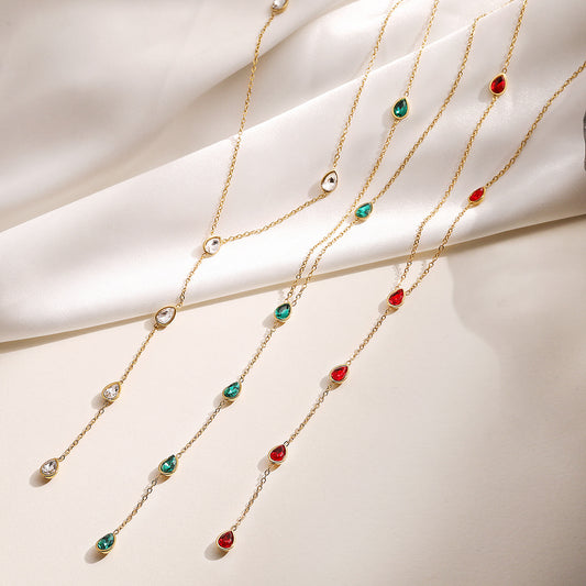 Collana Minimalista Geometrica a Y da Donna in Acciaio Inossidabile Placcato Oro 18K con Intarsio in Zirconi