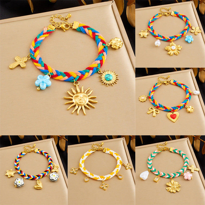 Minimalist Elegant Gold Plated Stainless Steel and Ceramic Heart and Floral Charm Bracelet with Rhinestone