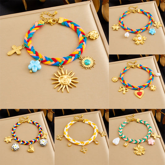 Minimalist Elegant Gold Plated Stainless Steel and Ceramic Heart and Floral Charm Bracelet with Rhinestone