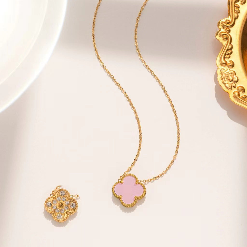 Elegant Four-Leaf Clover Bracelet in Titanium Steel with Rhinestone Inlay, Dual-Wear Design for Women and Men, Electroplated for Hypoallergenic Wear