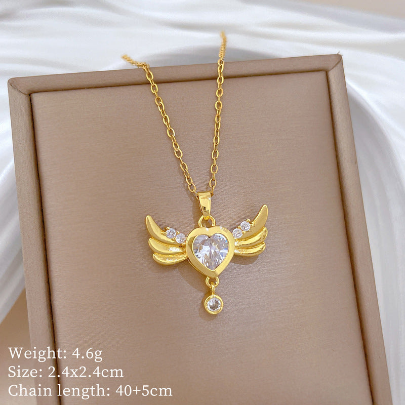 Sweet Elegant Heart Rhinestone Titanium Steel Necklace with Wing Tassel for Unisex
