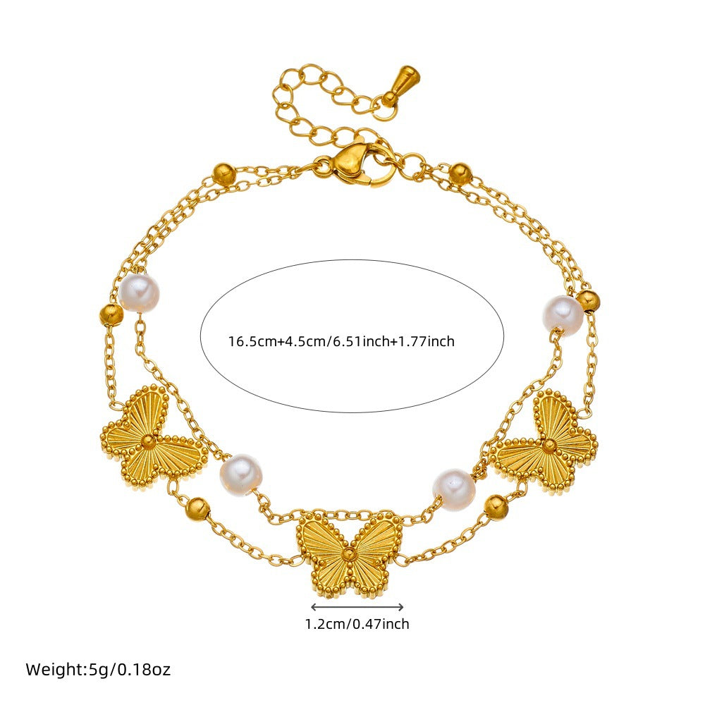 Bracciale minimalista da donna in acciaio inossidabile a forma di fiocco con placcatura in oro e inserti di perle