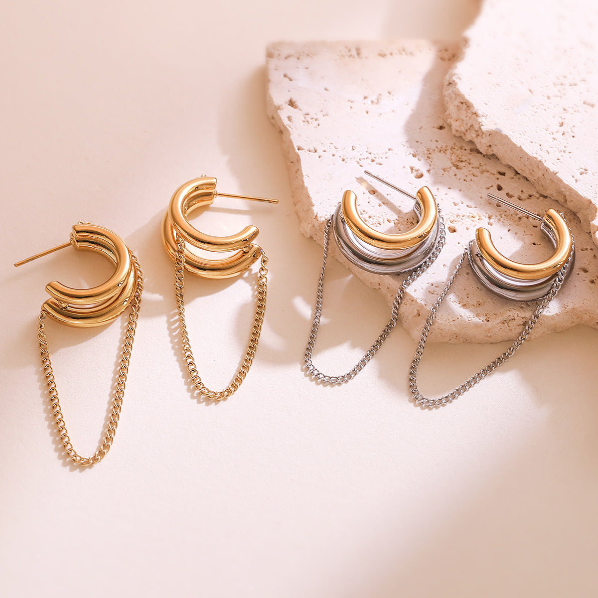Minimalist 18K Gold Plated Geometric Stainless Steel Tassel Earrings for Women