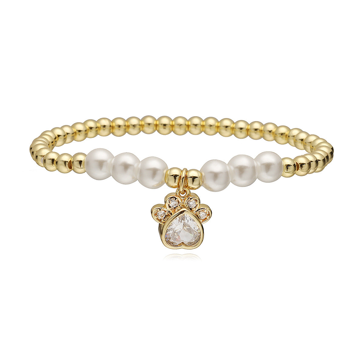 Fashionable Micro-Set Cubic Zirconia Dog Paw Pendant Copper Bracelet with 18K Gold Plating for Women