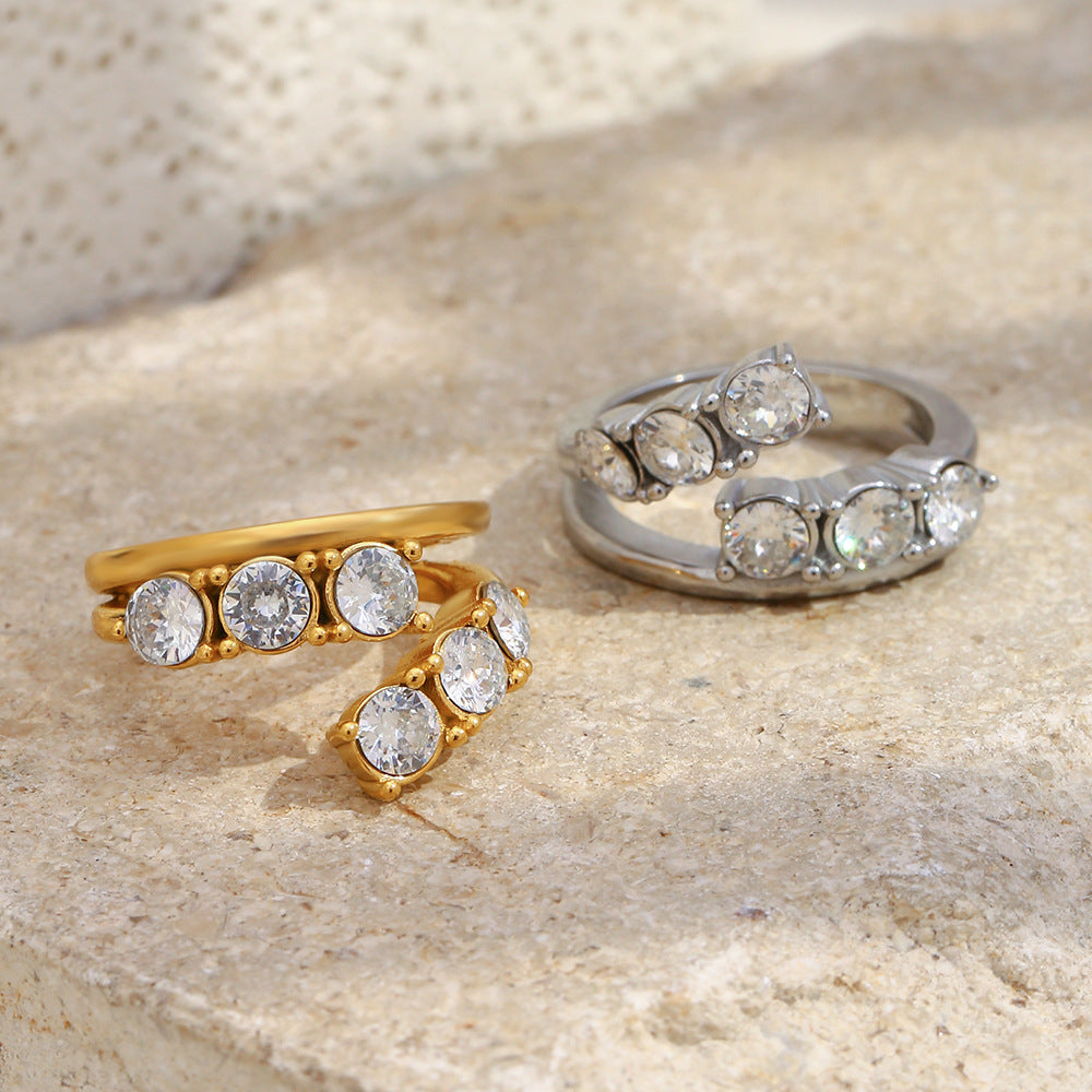 Minimalist Luxe Geometric Stainless Steel Ring with 18K Gold Vacuum Plating and Double-Layer Zirconia Accents