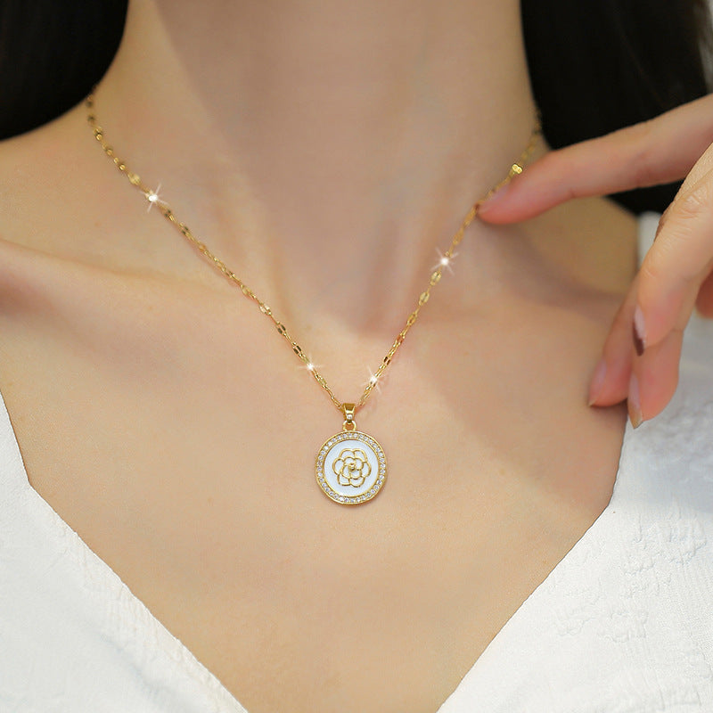 Elegant Camellia-Shaped Titanium Steel Necklace and Earrings Set with Plated Finish for Women