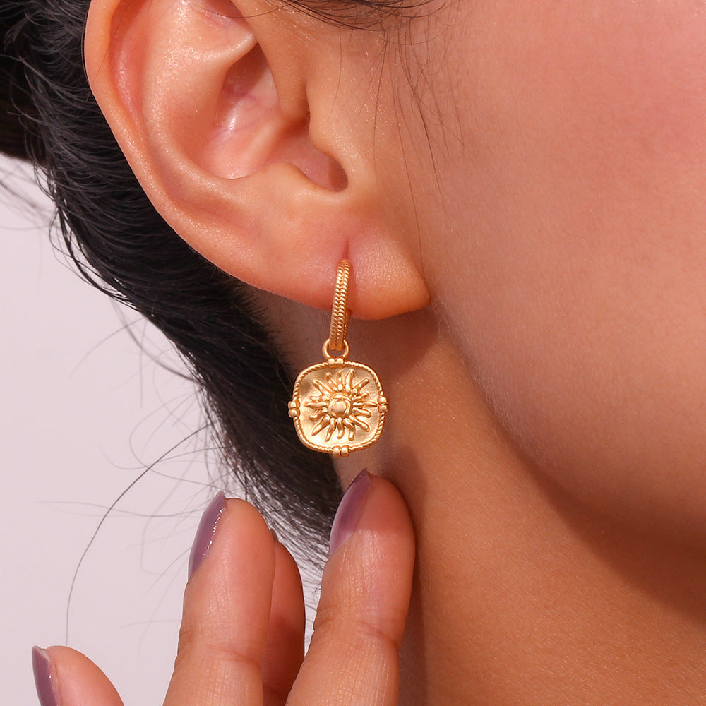 Minimalist Retro Geometric Stainless Steel Earrings with 18K Gold Plating and Sun Texture for Women