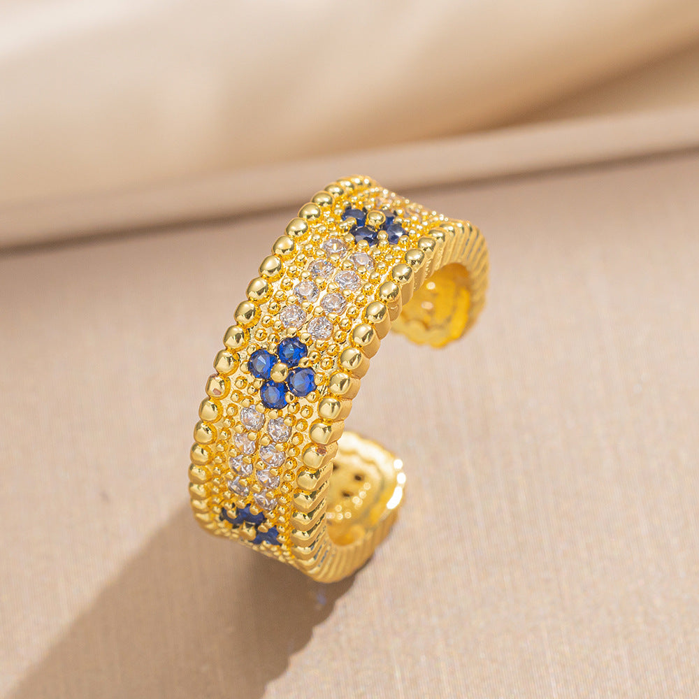 Luxury Minimalist Adjustable Open Ring for Women with Gold-Plated Copper Band and Zircon Stone Accent in Heart and Floral Shape